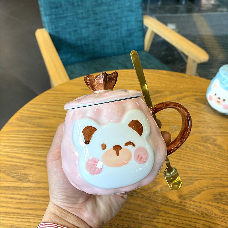 

Korean Cute Cartoon Breakfast Creative Water Cup Teenage Student Ceramic Cup with Lid Spoon Straw Mug 380ml