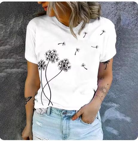 High quality loose and comfortable short-sleeved top summer trend casual women's T-shirt fashion simple dandelion print T