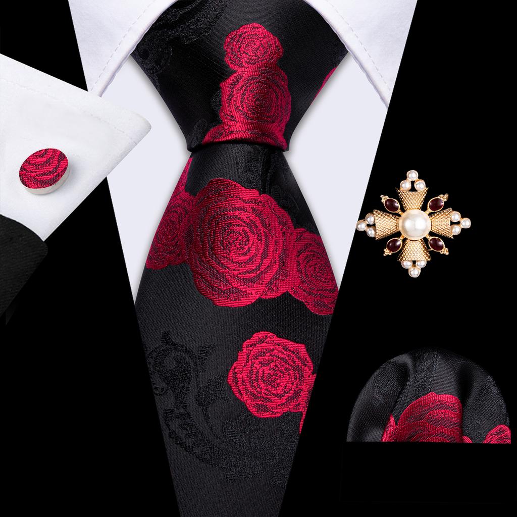 Pearl Brooch with Silk Tie for Men Vintage Floral Teal Necktie Hanky Cufflinks Gift Formal Set