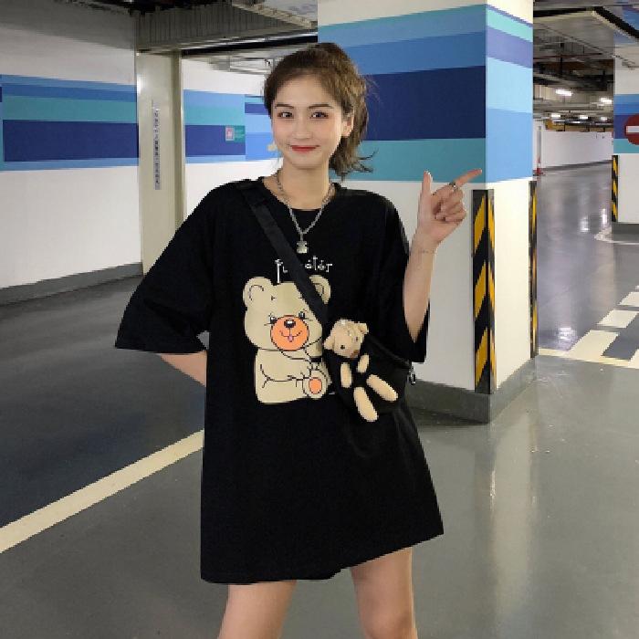 Summer Korean version of the new Harajuku lower clothes missing bear print loose short-sleeved T-shirt top women's ins