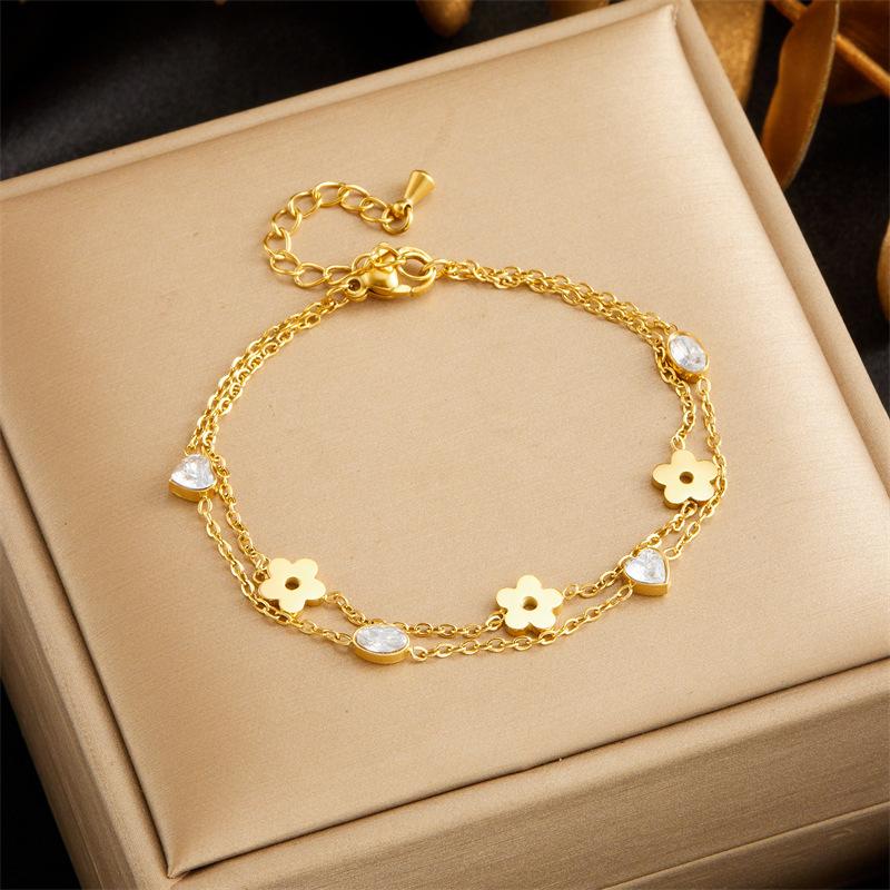 Gold Plated Flower and Heart Cubic Zirconia Double Layer Chain Bracelet for Women Stainless Steel