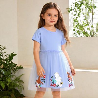 Vestido de Algodão Tricotado com Gola Redonda e Saia de Tule de Manga Curta para Crianças Pequenas