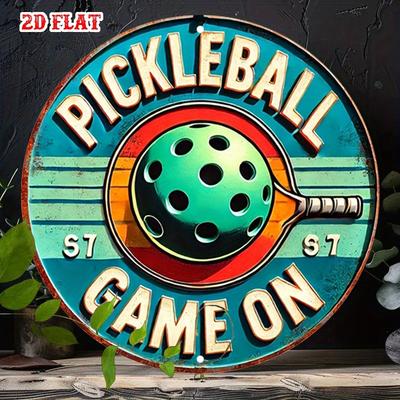 Pickleball Spiel An Retro Rundes Metallschild Vintage Bunte Schläger Ball Wanddeko für Pickleball Fans