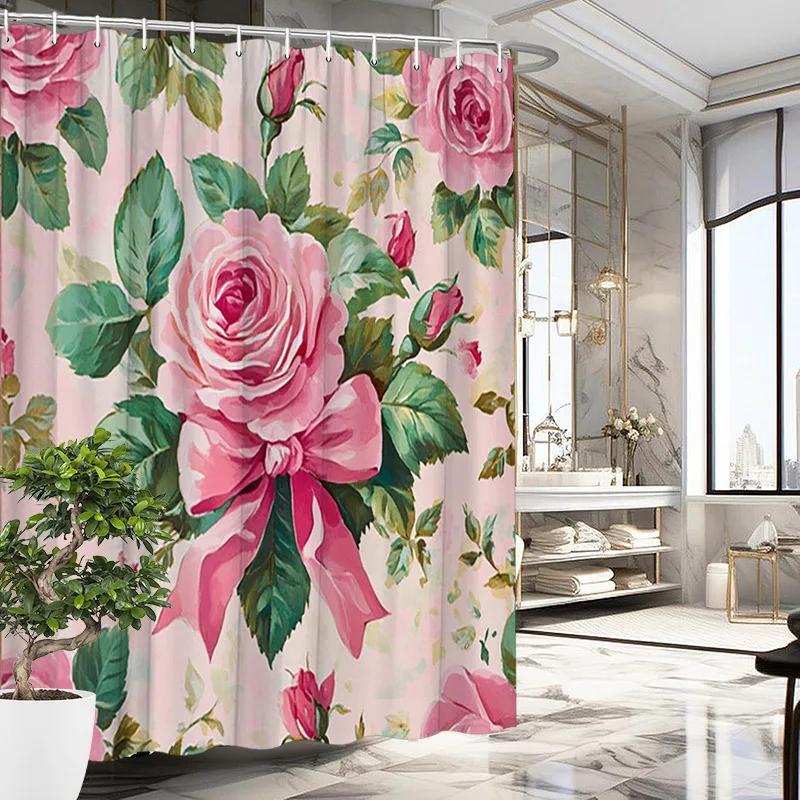

Vintage Pink Roses & Green Leaves Shower Curtain - Polyester, Washable,Includes 12 Hooks, Floral Bathroom Decor W90xH180cm