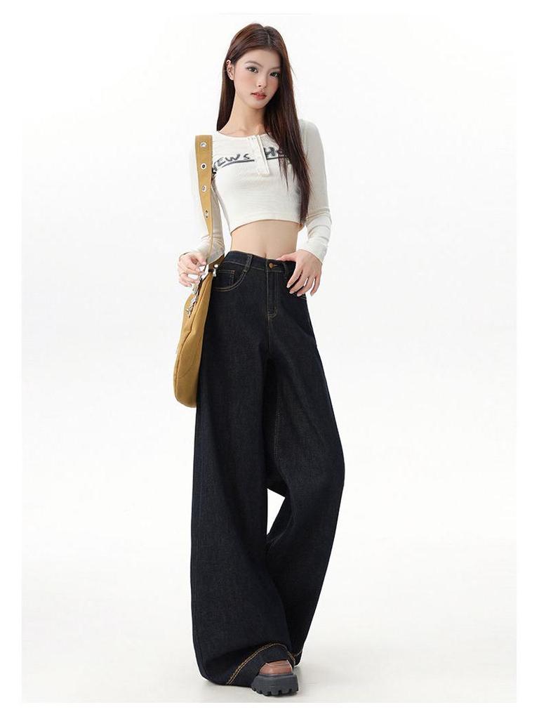 Women's Black and Gold High-Waisted Wide-Leg Denim Pants - 2025 Early Autumn Design