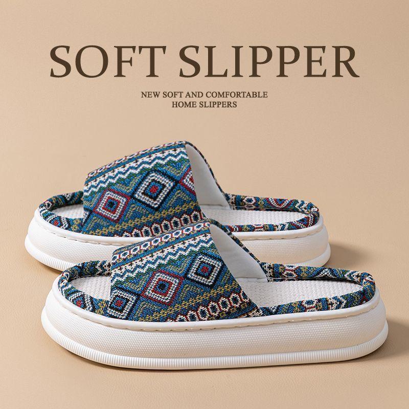 Ethnic style linen slippers home summer women's indoor household wooden floor non-slip breathable fabric cool slippers men