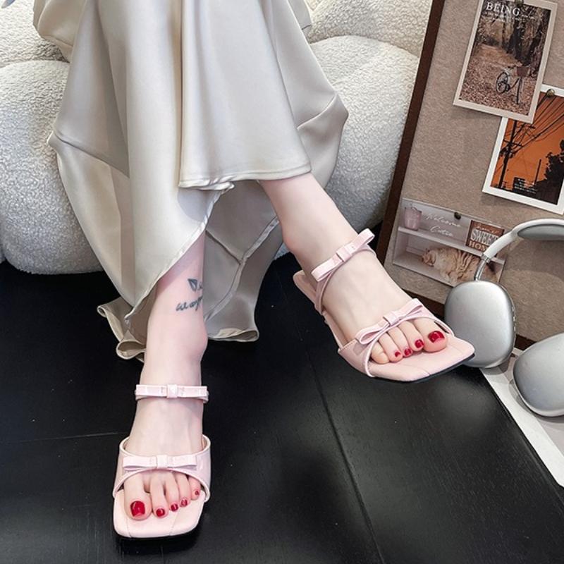 Fashion Fashion Butterfly-knot Woman Slippers Fashion Square Toe Thick Heel  Slides Ladies Concise Evening Party Summer Shoes