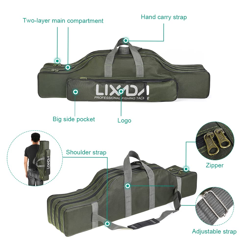 Lixada Portable Fishing Rod Case, Fishing Bag, Fishing Rod Storage Bag, Tackle Bag, 80/100/130/150/170/190cm, Army Green