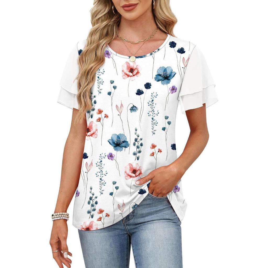 Women's Spring Summer New Crew Neck Printed Colorblock Double Layer Short Sleeve T-shirt Top For Leisure Leisure Trade