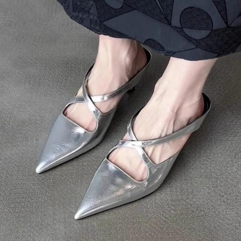 Fashion Elegant Pointed Toe Kitten Heel Designer Slippers Women Fashion Cross Tied Brand Slide Sandals Comfortable Commuter Office Shoes