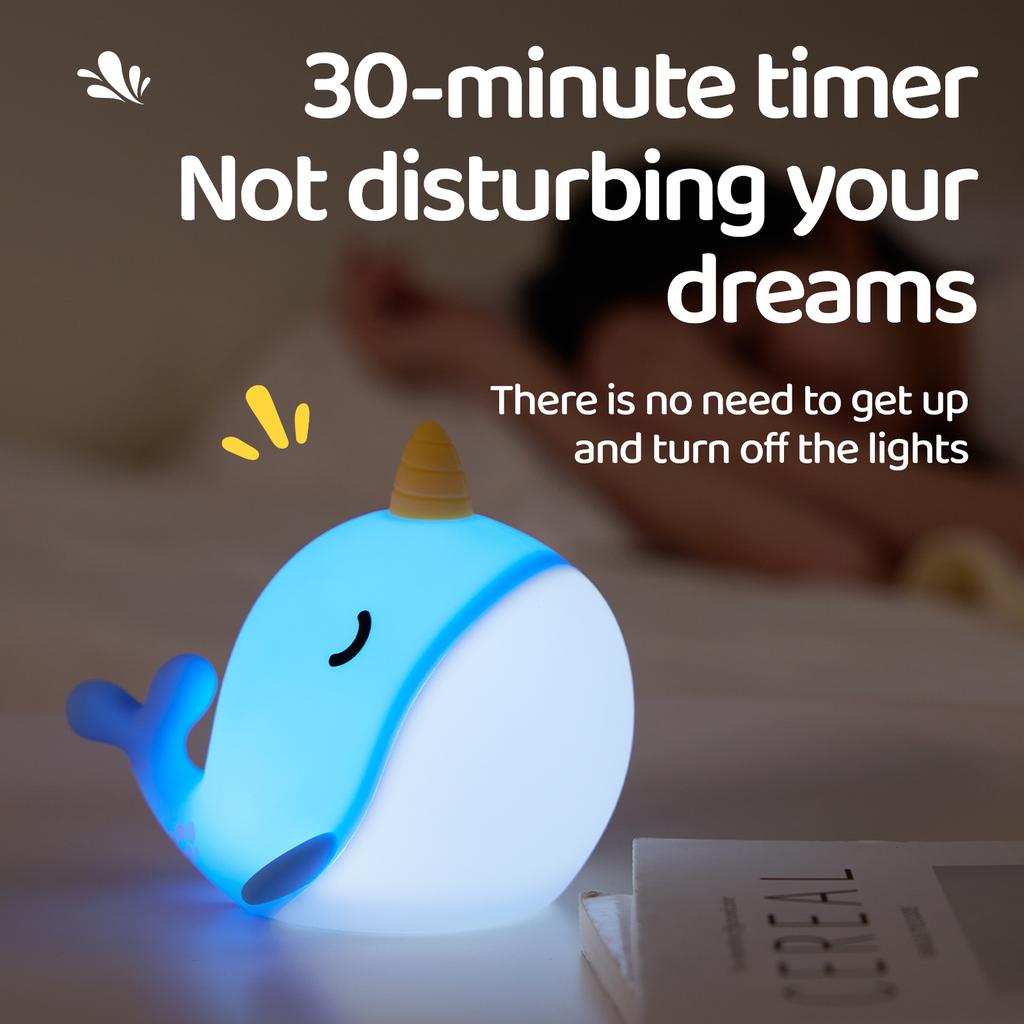 Novelty Narwhal Night Light Silicone Whale Nursery Lamp with 3 Dimming Levels Timing Touch Control Nightlight for Bedroom Decor