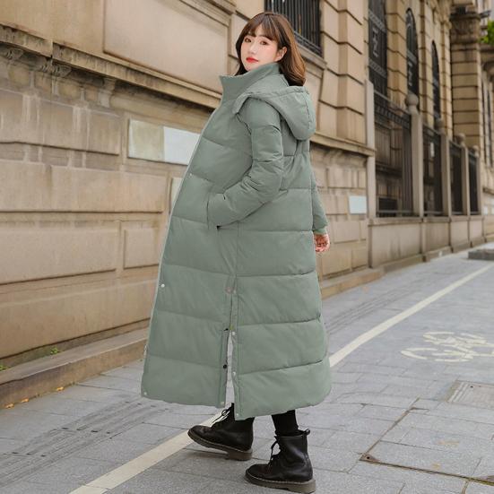 Damen Baumwollmantel mit Kapuze, langen Ärmeln, Taschen, seitlichem Schlitz am Saum, Daunenjacke, einfarbige Taschen, verdickte lässige Oberbekleidung