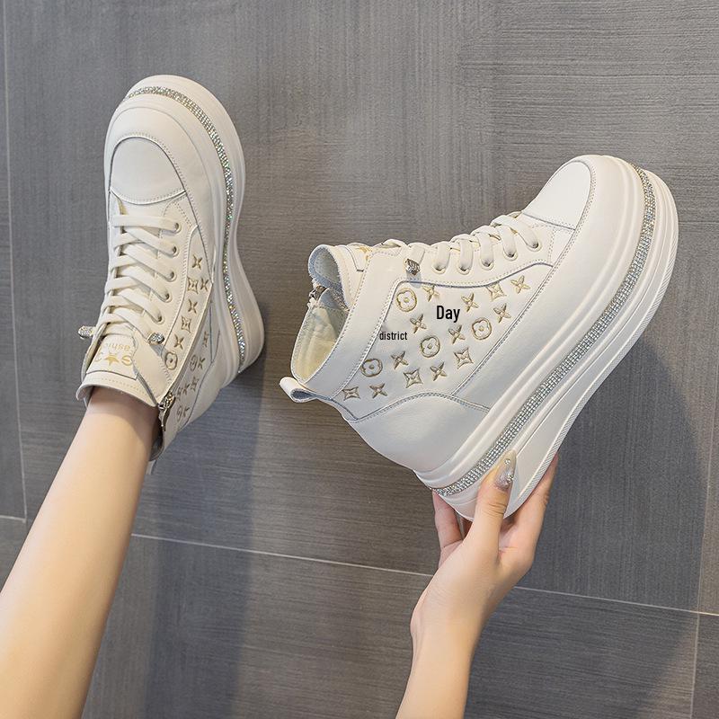 Women's White Rhinestone Print Height-Boosting Platform Sneakers