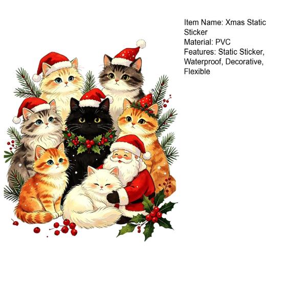 Xmas Window Decor Cat Christmas Static Cling Decal, Waterproof PVC Festive Sticker, Party Decorations Easy Apply Decorative for Home Living