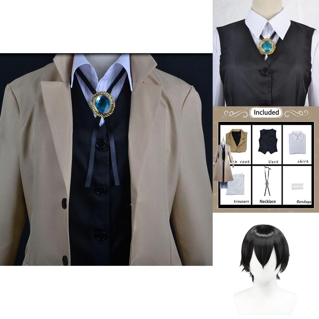 Sophisticated Dazai Osamu Cosplay Outfit Wig Trench Coat Bungo Stray Dog Halloween Carnival