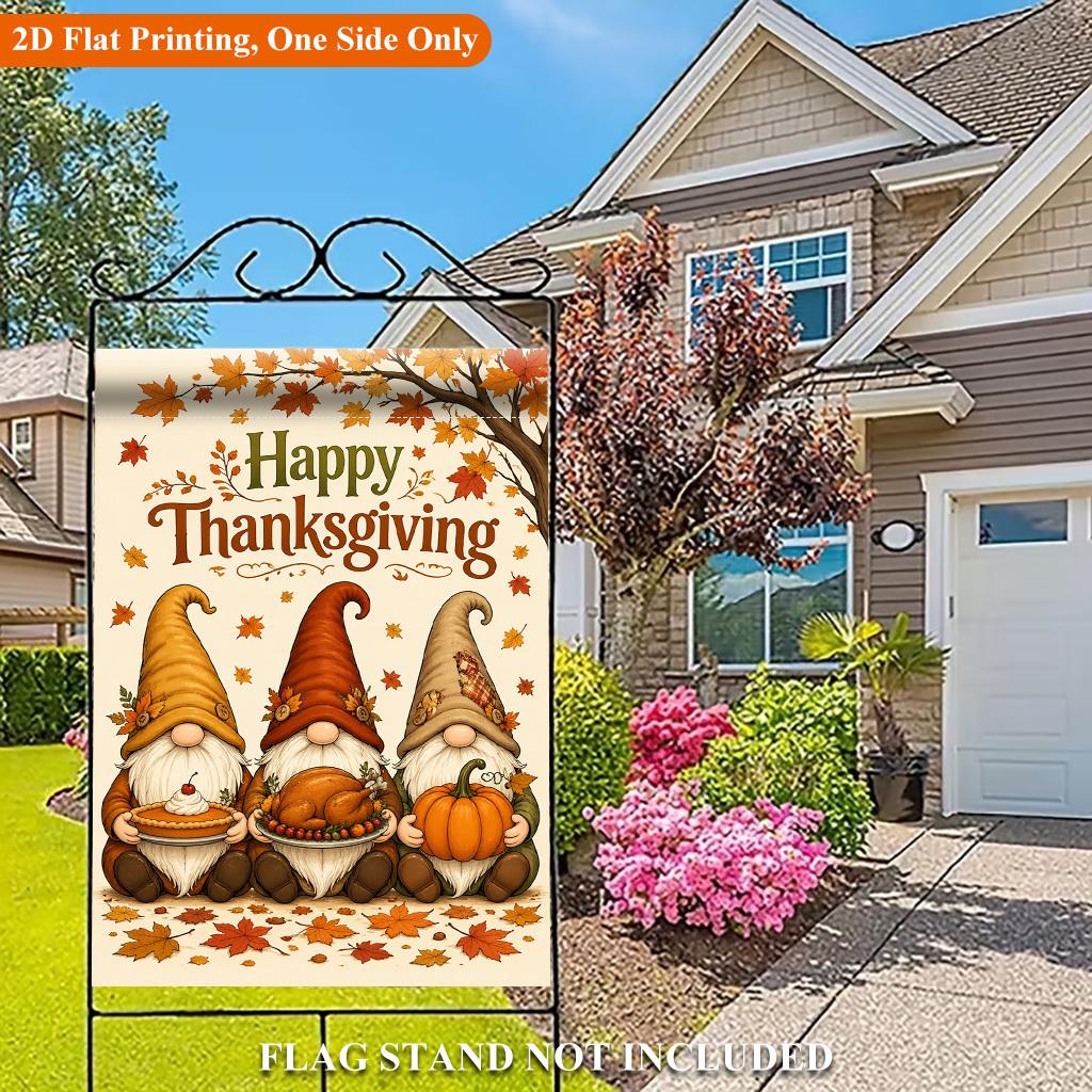 Three Gnomes Celebrate Thanksgiving Single Sided Garden Flag - Single-Sided, Polyester, Outdoor Yard Decor