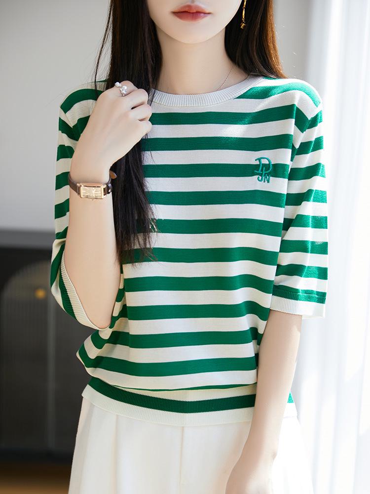 

Летняя прохладная полосатая футболка с коротким рукавом из ледяного шелка Medium зелёный