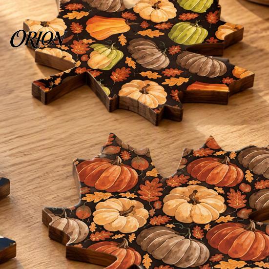 Coasters for Coffee Tables 4Pcs Thanksgiving Wooden Maple Leaf Coaster with Pumpkin Print, Heat Resistant Print Table Non-Slip Drink Mats Fall