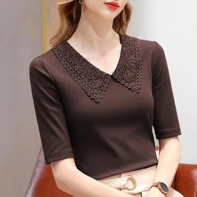 Women's Dark Brown Lace Collar Top 3/4 Sleeve Slim Fit Elegant Blouse