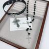 Y2K Subculture Baroque Hollowed-out Cross Pendant Collar Black Beaded Fold Wear Long Necklace for Women Personality Punk Jewelry
