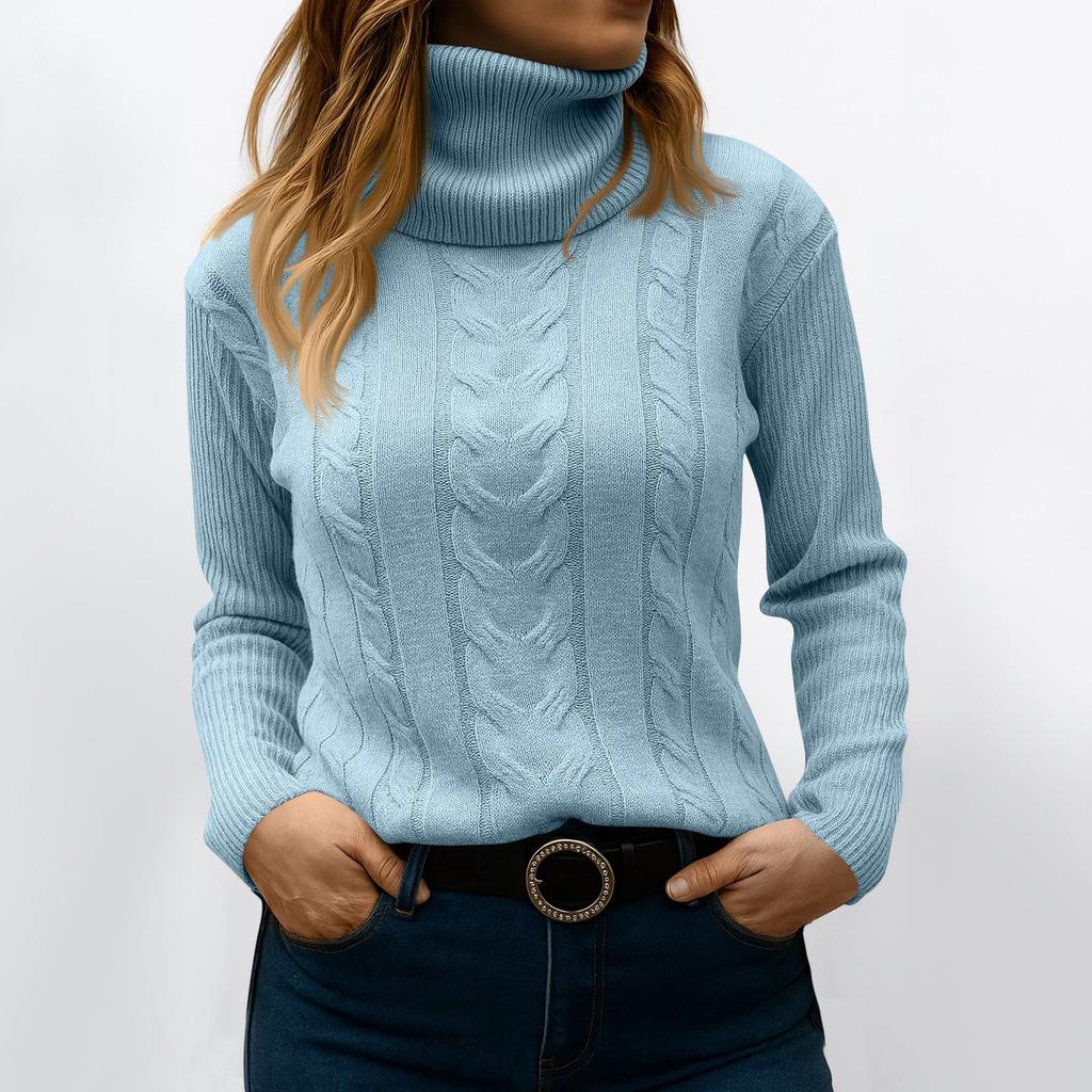 Women's Fashionable Solid Color High Neck Long Sleeved Sweater Pullover Sweater Top