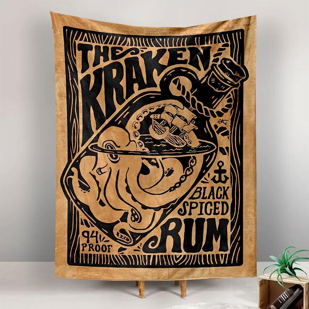 Kraken Black Spiced Rum Tapestry Wall Hanging, Pirate Ship Ocean Adventure Art, Nautical Wall Decor for Bedroom Man Cave