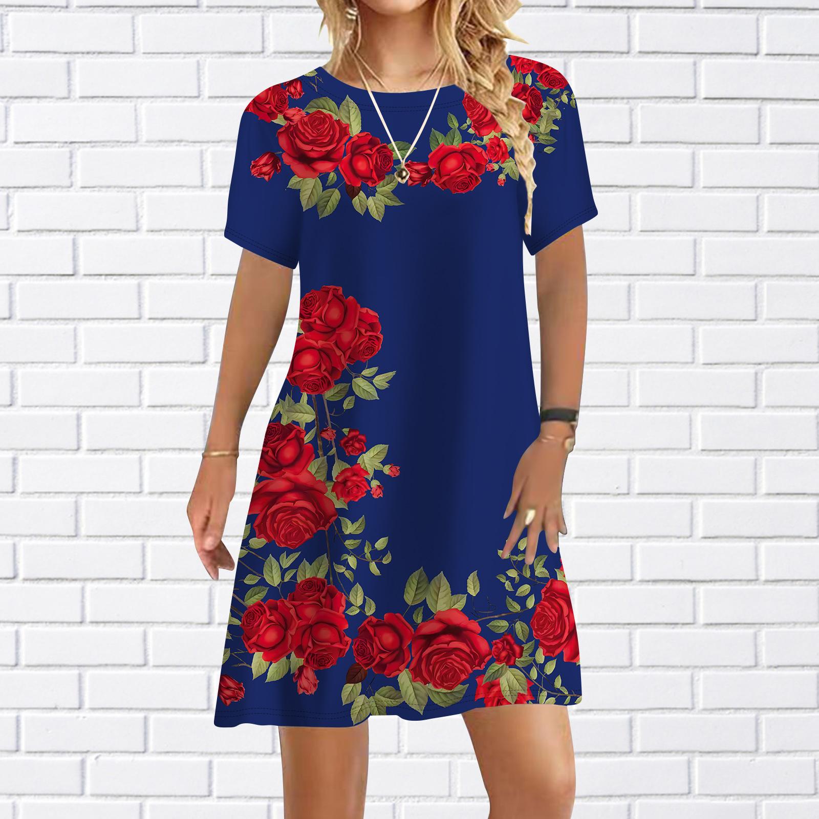 

Женское повседневное платье Летние платья с принтом оранжевых роз для женщин Платье с коротким рукавом и круглым вырезом размера плюс S темно-синий