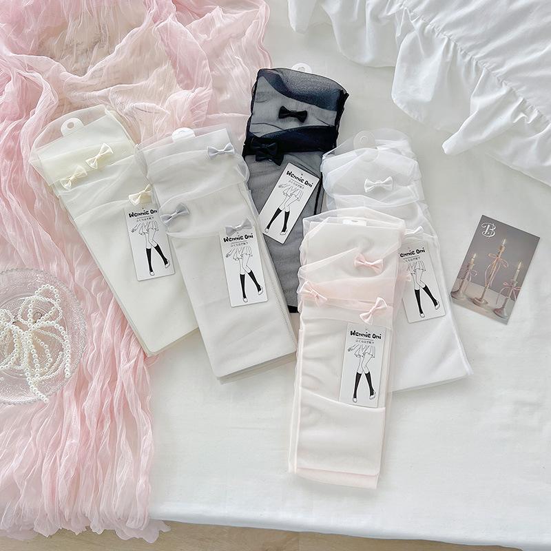 Women's Summer Ultra Thin Breathable Sweet Bowtie Net Yarn Transparent Tube Stack Socks