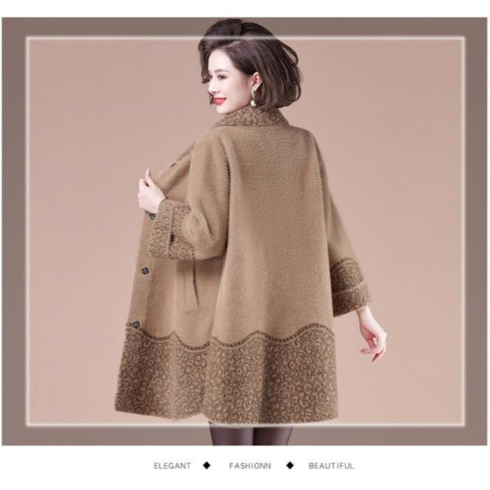 შემოდგომის დიდი ზომის ბეწვის ქურთუკი საშუალო ასაკის ქალებისთვის, დამზადებული წაულას კაშმირის ტანსაცმლისგან