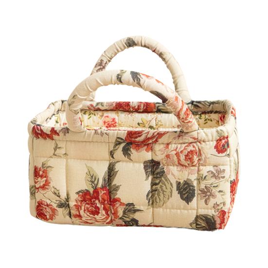 Quilted Floral Storage Basket Fabric Foldable Storage Tote with Handles Boho Collapsible Basket for Nursery Toys Towels Clothes Storage