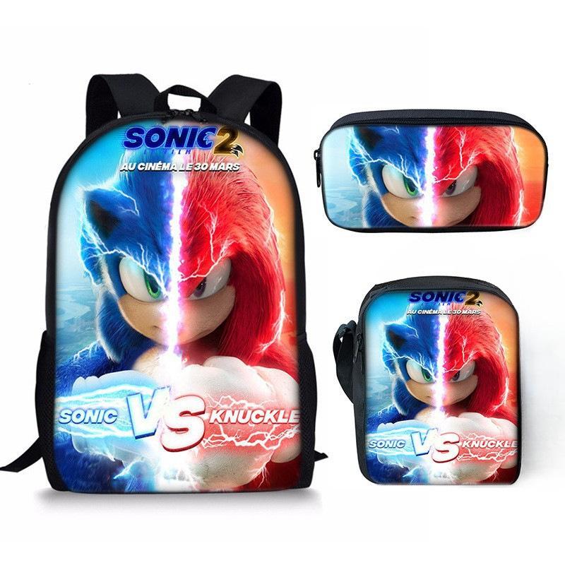Sonic Sonic Primary School Bag Three-Piece Set, Animation Cartoon Backpack, Shoulder Bag Pencil Case