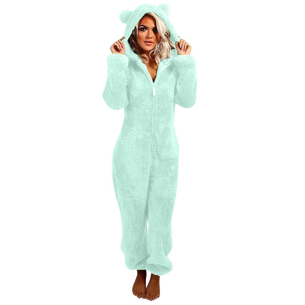 2025 European & American Autumn/Winter Women's Fleece-Lined Fur Jumpsuit Pajamas, Hooded, Available in 17 Colors