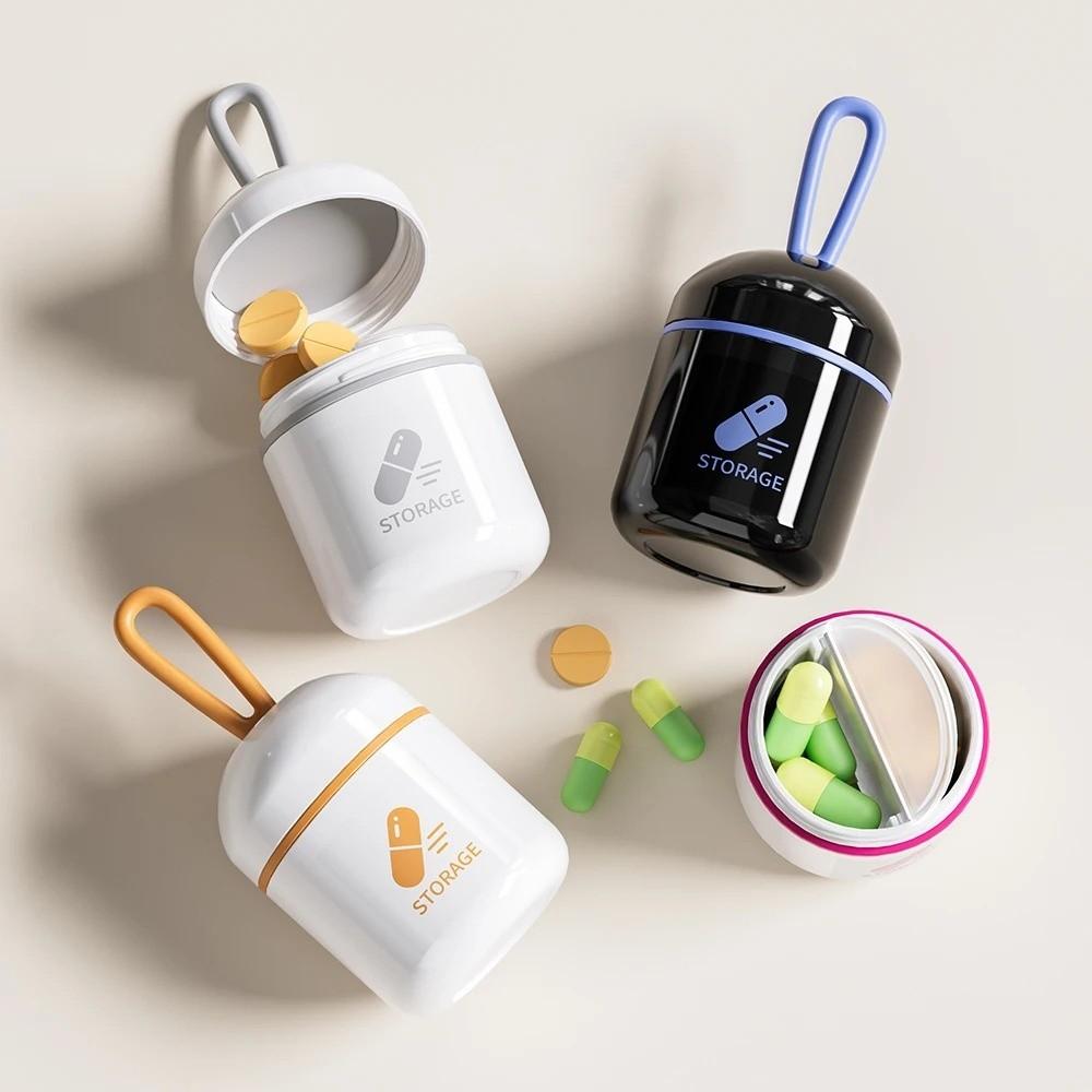 Tragbare Pillendose aus Kunststoff, zwei Fächer, Pillendosierer, Neue Pillenaufbewahrungsbox, Pillenaufbewahrung