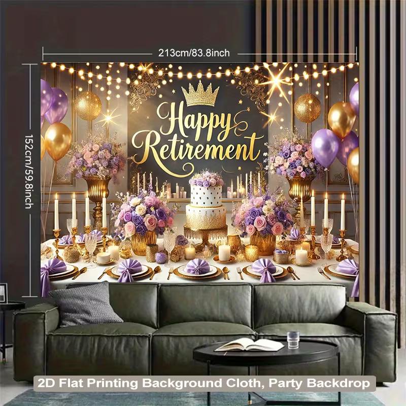 Elegante Ruhestand-Kulisse, Raffinierte Schwarz-, Lila- und Gold-Party-Szene mit Krone, Lichtern und Ballons, Festliche Luxus-Wanddekoration