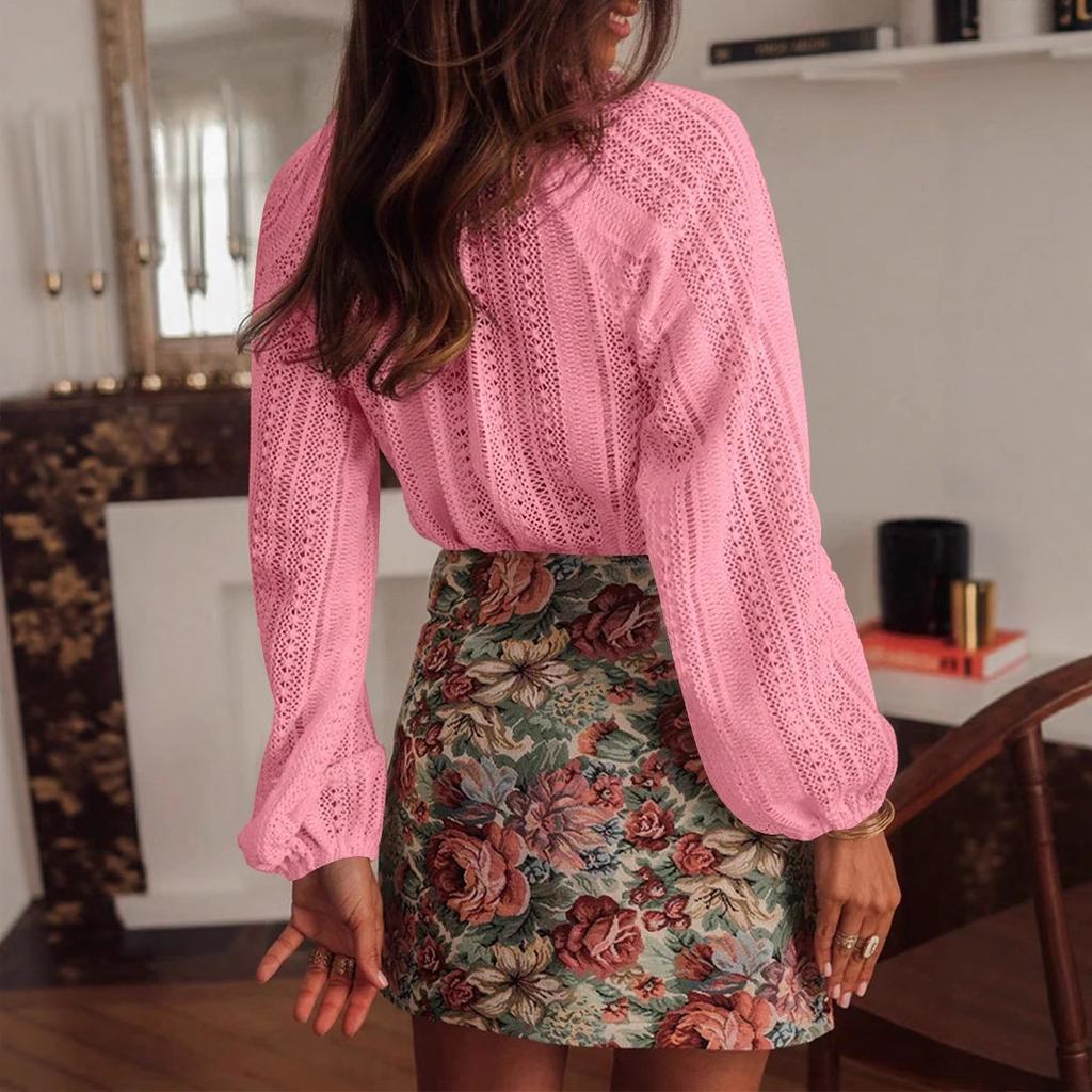 Women's V-Neck Button Front Knit Cardigan, Long Sleeve Lace-Up Crochet Sweater