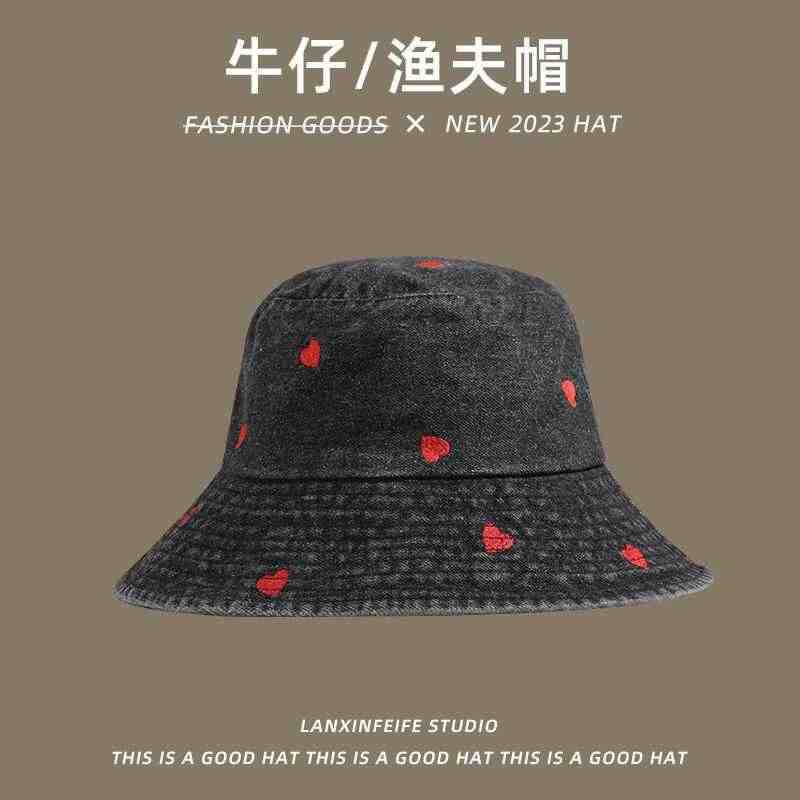 Red heart embroidered cowboy bucket hat female Harajuku retro Hong Kong wind basin hat Internet celebrity spring and summer visor bucket hat