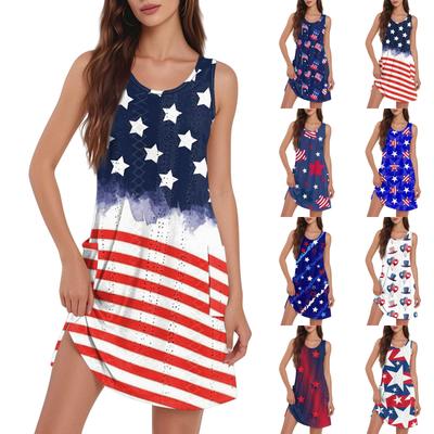 Women's Casual Fashion Breathable Independence Day Printed Pocket Hem Slit Vest Dress