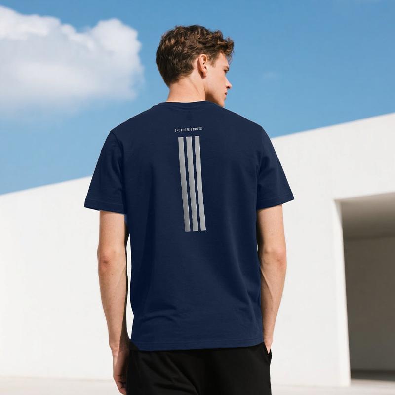 Adidas Classic Three Stripes Quick-Dry T-Shirt Lightweight Breathable Fitness Sportswear Round Neck Short Sleeve Men Tops Navy-Blue KC3742