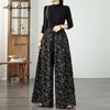 Korean Fashion Spring Autumn Women Black Jeans High Waist Drawstring Floral Print Denim Pants With Pockets Vintage Elegant Wide Leg Jeans
