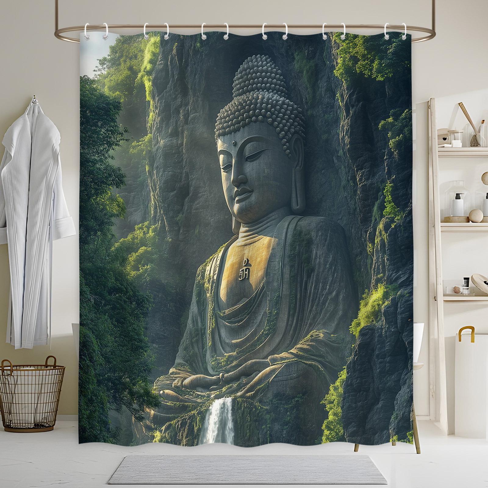 

Tranquil Buddha Shower Curtain - Majestic Statue At Mount Emei, Polyester, Woven, Serene Scene With Trees & Waterfall W60H190(CM)-1 Pcs