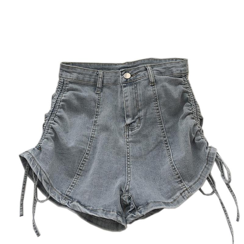 Dar Kesim Moda Çok Yönlü İpli Denim Şort Kadın Yaz İnce Kısım Yüksek Bel Tasarım Anlayışı Bağlı A-kesim Slim Pantolon Düz Geniş Paça Pantolon