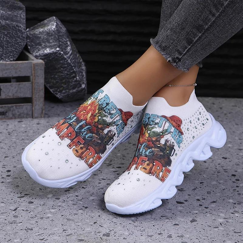 Fashion Graffiti Print Platform Sneakers for Women 2025 New Fashion Crystal Knitted Sports Shoes Woman Lightweight Low Top Sock Sneakers