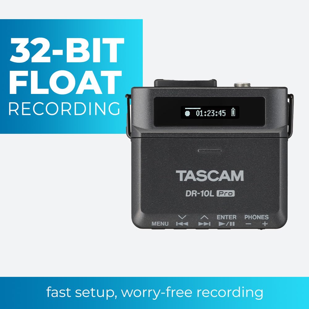 TASCAM Pro Float 48kHz Lavalier Microphone Recorder with LTC Jam Sync and Dual AD Converters Ideal for YouTube Audio Video and DR-10L 32-bit (Black) -