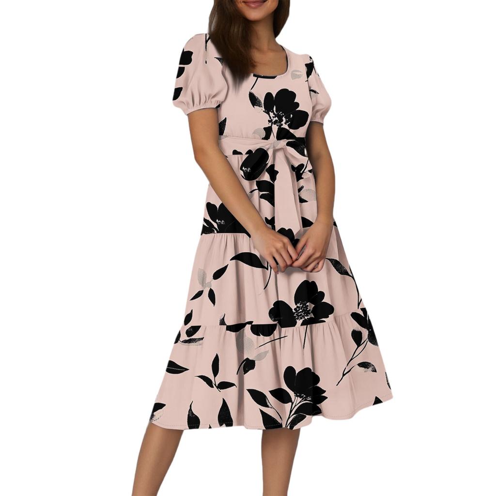 Women's Summer Floral Print Short Sleeves Neck Waistband Bohemian Flowy Maxi Dress With Pockets