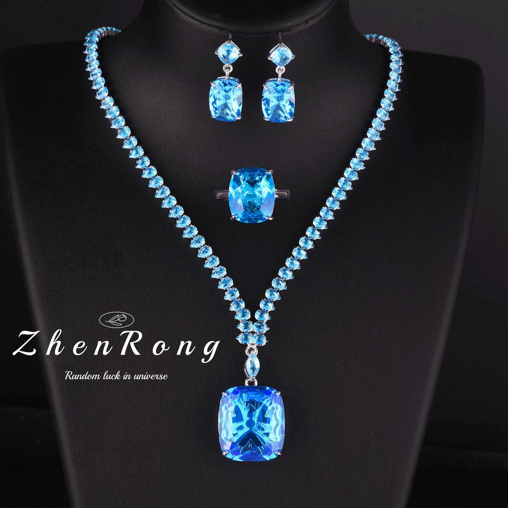 Aquamarine Topaz Necklace 20 Carat Colored Treasure Stud Earrings Paraiba Ring Royal Blue And Yellow Diamond Set