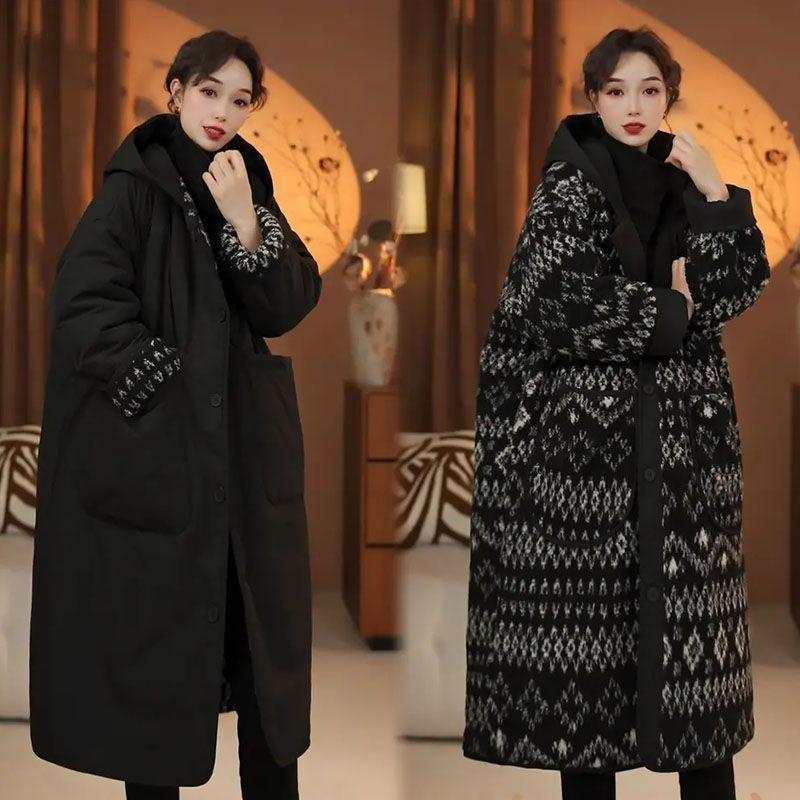 Women's Reversible Cotton Padded Coat Fair Isle Sherpa Hooded Long Vintage Winter Warm Double Sided