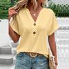 Women Fashion Casual Solid Color Button V Neck Short Sleeve T Shirt