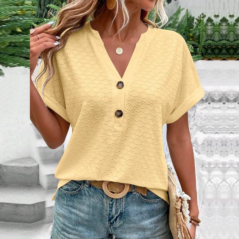 Women Fashion Casual Solid Color Button V Neck Short Sleeve T Shirt