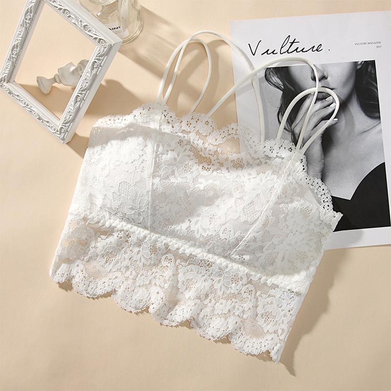 Sexy Floral Lace Camisole with Padded Bra for Women Thin Backless Tube-top No Underwire Bra