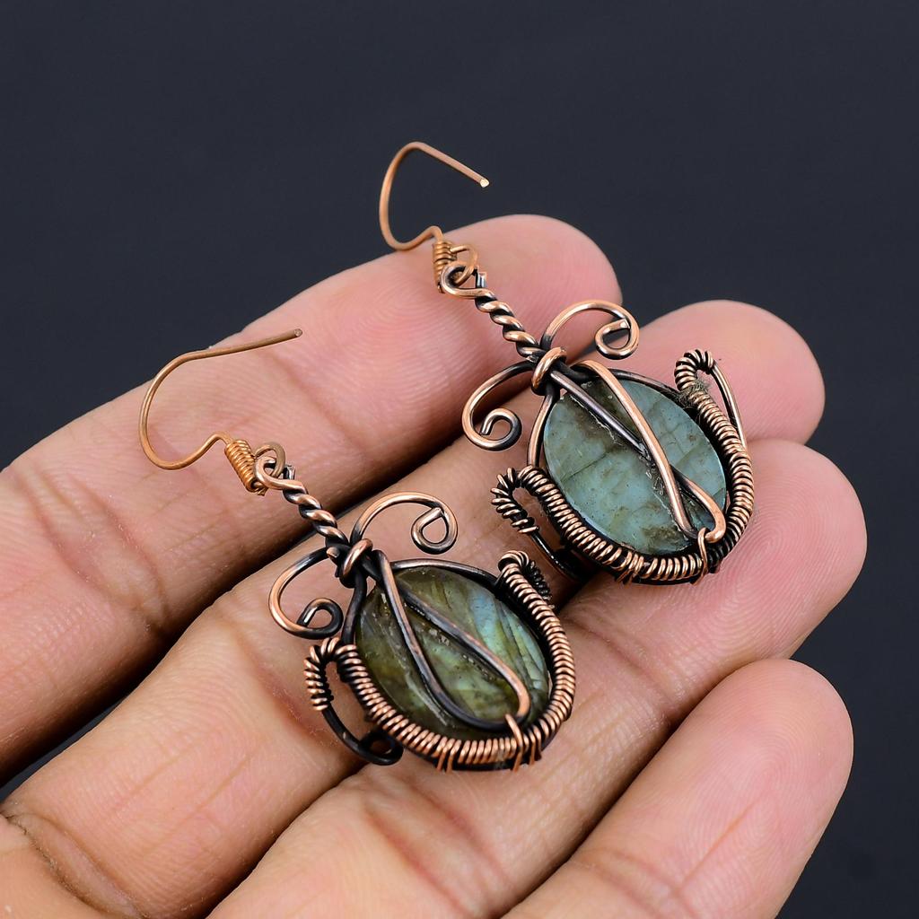 Labradorite 999 Copper Wire Wrapped Earrings, Handmade Gemstone Earrings Jewelry, Gifts For Wife Brand New Earrings